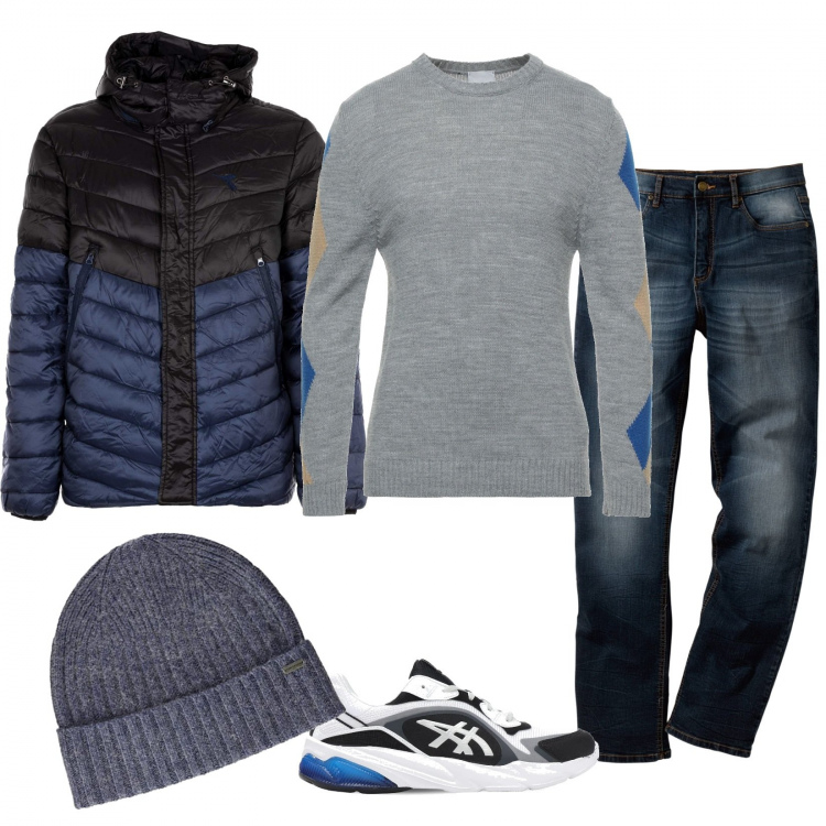 Outfit uomo - Maniche a rombi. Stile Casual per Tutti i giorni. Abbinamento con jeans dritti, pullovers, piumini, sneakers, cappelli con visiera.