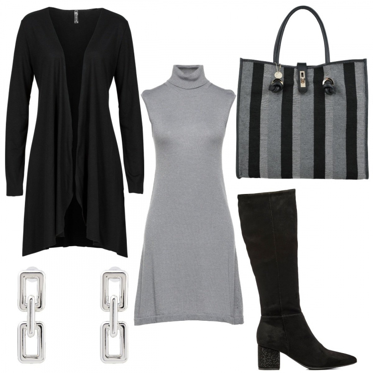 Outfit donna - Una cena tra amiche. Stile Basic per Serata fuori. Abbinamento con cardigans, vestiti corti, borse a mano, orecchini, stivali.