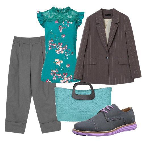 Outfit donna - Un i fiori sull\'azzurro. Stile Bon Ton per Tutti i giorni. Abbinamento con maglieria, borse a mano, pantaloni, blazer, scarpe stringate.
