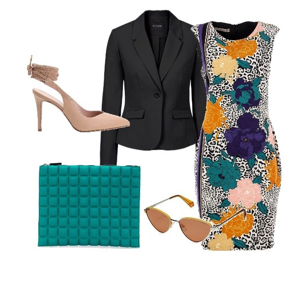Outfit donna - Il tubino fioranimalier. Stile Chic per Tutti i giorni. Abbinamento con décolleté, blazer, vestiti midi/longuette, clutch, occhiali da sole.