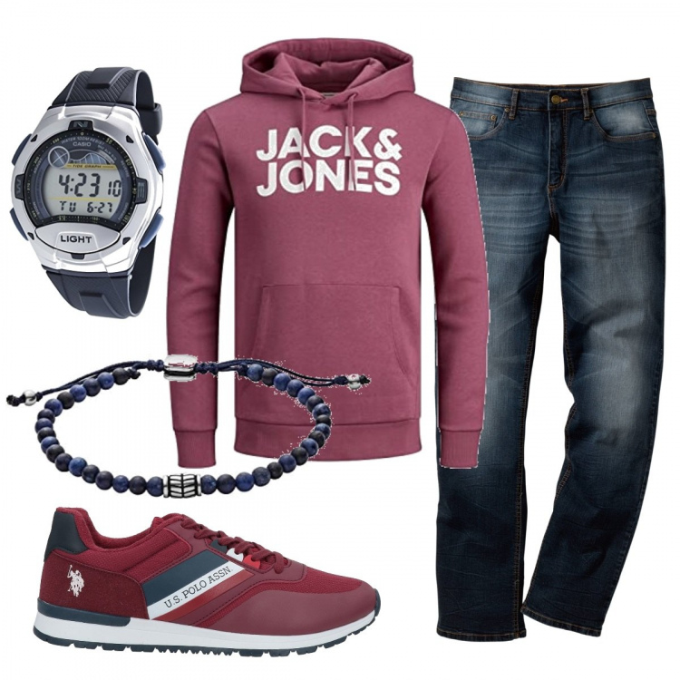 Outfit uomo - Casual #4642. Stile Casual per Tutti i giorni. Abbinamento con jeans dritti, sneakers, felpe con cappuccio, orologi digitali, braccialetti.
