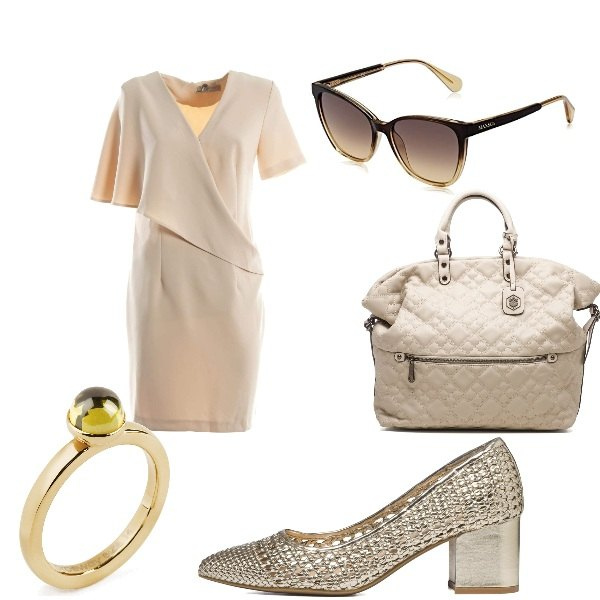 Outfit donna - Cocktail party. Stile Chic per Cerimonia. Abbinamento con vestiti corti, anelli, décolleté, borse a mano, occhiali da sole.