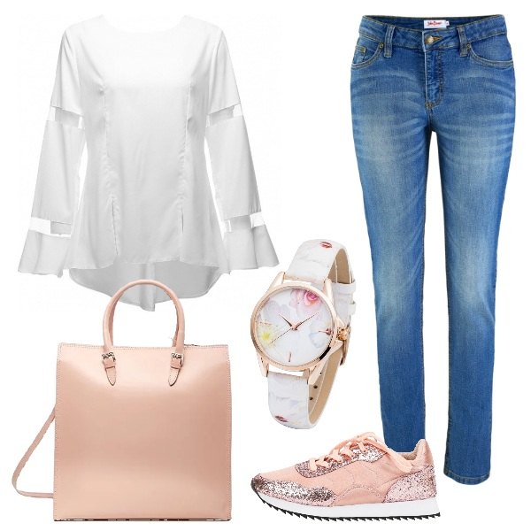 Outfit donna - Sneakers in ufficio. Stile Basic per Ufficio. Abbinamento con jeans skinny, orologio con cinturino fantasia floreale lunghezza regolabile fucsia, blusa a rete, sneakers glitter in pelle sintetica, borse a mano.