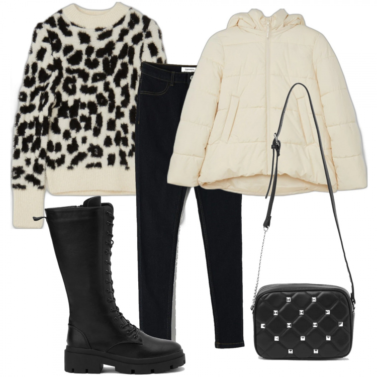 Outfit donna - Bianco e nero. Stile Trendy per Tutti i giorni. Abbinamento con jeans, maglieria, piumini, borse a tracolla, anfibi.