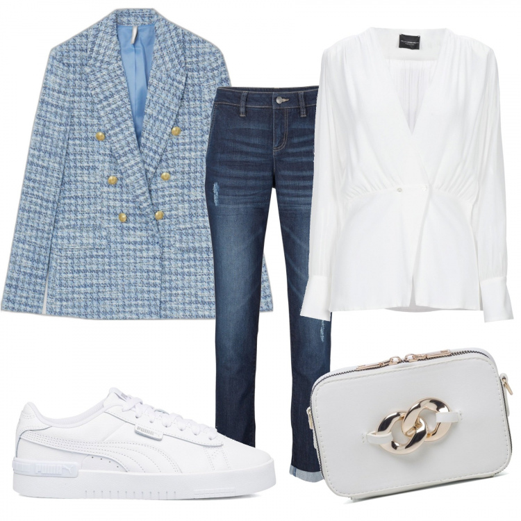 Outfit donna - Aspetto la primavera. Stile Casual chic per Ufficio. Abbinamento con jeans boyfriend, camicie, giacche, borse a tracolla, sneakers.
