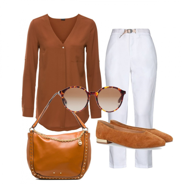Outfit donna - Marrone E Bianco. Stile Casual per Tutti i giorni. Abbinamento con camicie, pantaloni, occhiali da sole, borse a spalla, ballerine.