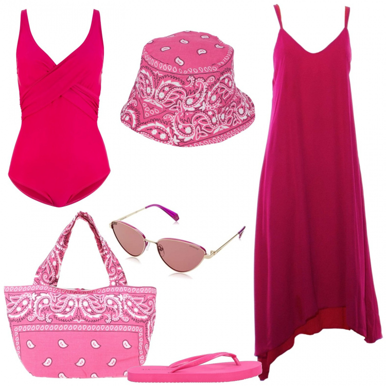 Outfit donna - Prove per l\'estate. Stile Romantica per Mare. Abbinamento con costumi interi, borse a mano, cappelli, infradito, vestiti midi/longuette, occhiali da sole.