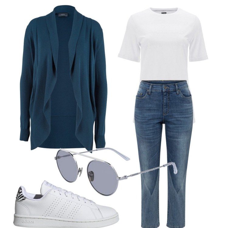 Outfit donna - Il cardigan giusto su jeans e tshirt. Stile Casual per Tutti i giorni. Abbinamento con cardigans, jeans mom, t-shirt, sneakers, occhiali da sole.