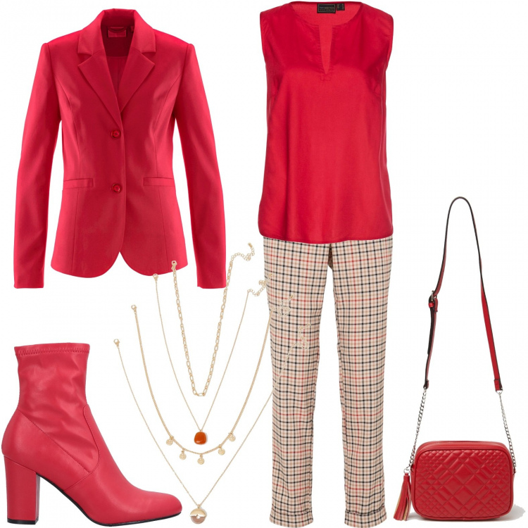 Outfit donna - Il top rosso. Stile Casual chic per Ufficio. Abbinamento con pantaloni a palazzo, top, blazer, stivaletti, borse a tracolla, ciondoli.