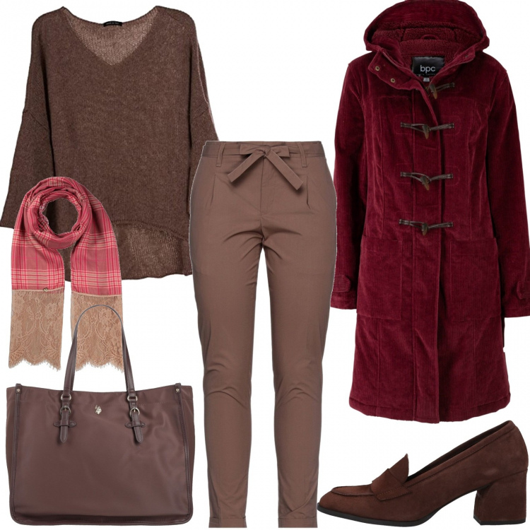 Outfit donna - Il mocassino color cioccolato. Stile Casual chic per Ufficio. Abbinamento con montgomery, pantaloni, mocassini, borse a mano, sciarpe, maglieria.