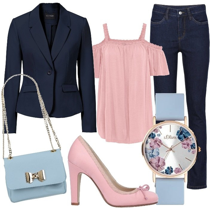 Outfit donna - Goditi ogni attimo!. Stile Casual chic per Tutti i giorni. Abbinamento con blazer, jeans, maglieria, décolleté, borse a spalla, orologi.
