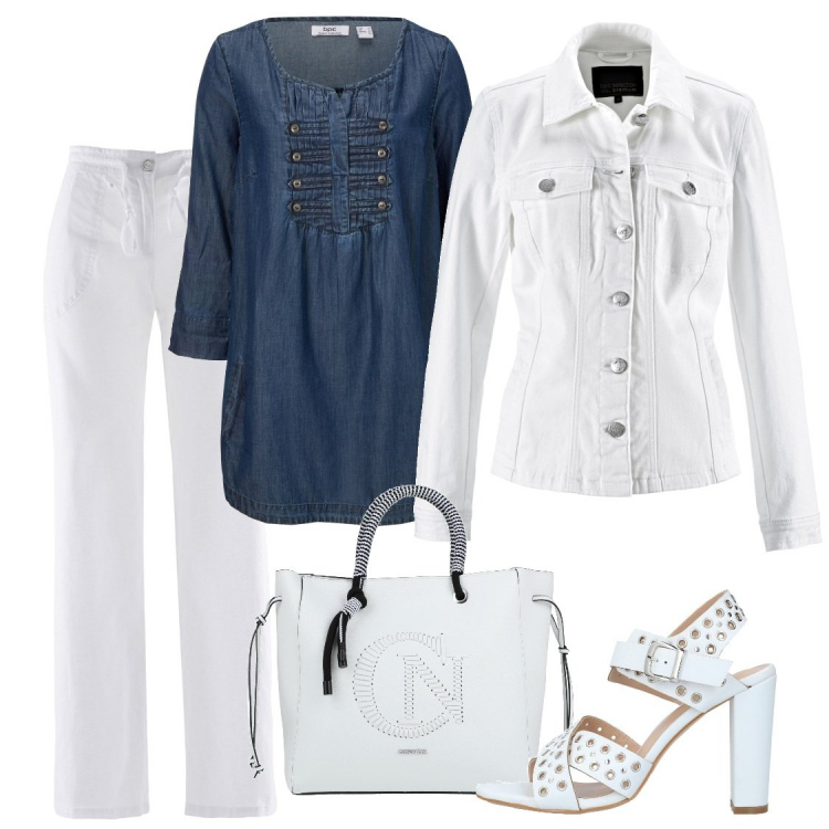 Outfit donna - Curvy? Sì al bianco!. Stile Trendy per Tutti i giorni. Abbinamento con bluse, pantaloni a palazzo, blazer, sandali col tacco, borse a mano.