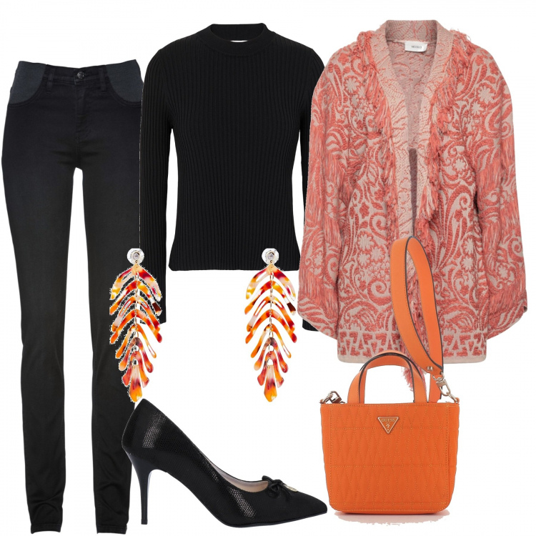 Outfit donna - In città. Stile Casual chic per Tutti i giorni. Abbinamento con jeans skinny, cappotti, décolleté, orecchini, pullovers, borse a tracolla.