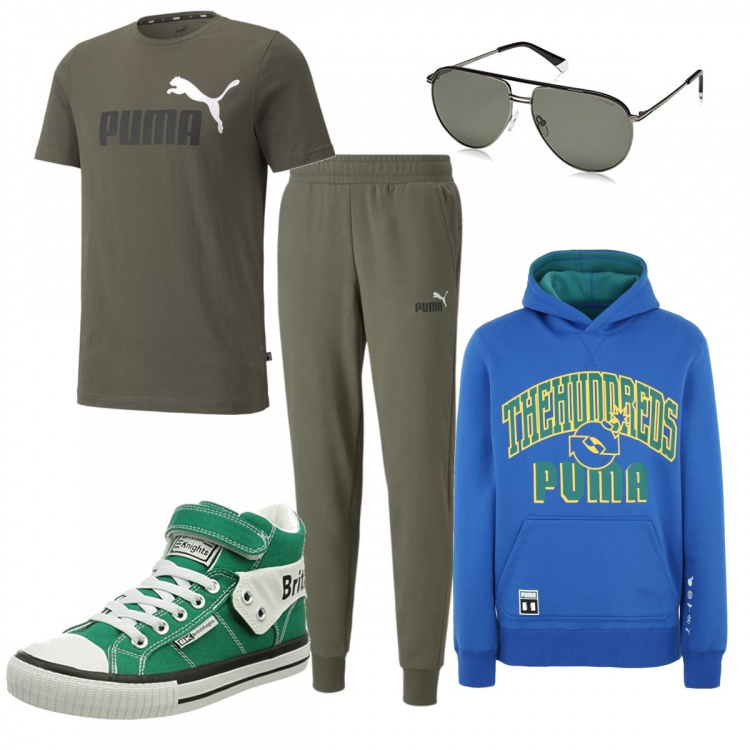 Outfit uomo - Camminata in città. Stile Casual per Tutti i giorni. Abbinamento con pantaloni, t-shirt, felpe con cappuccio, sneakers, occhiali da sole.