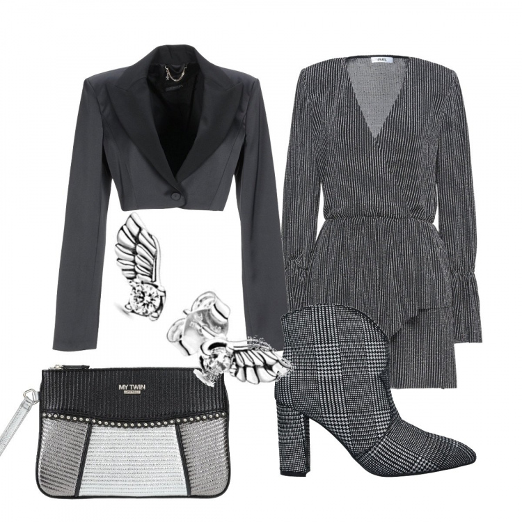 Outfit donna - Serata Fuori. Stile Trendy per Serata fuori. Abbinamento con stivaletti, vestiti corti, blazer, borse a mano, orecchini.