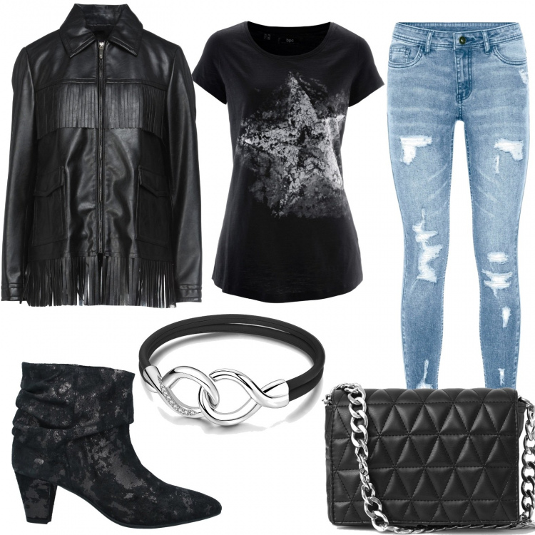 Outfit donna - Total look #1275450. Stile Rock per Serata fuori. Abbinamento con t-shirt, jeans strappati, giacche, stivaletti, borse a spalla, braccialetti.