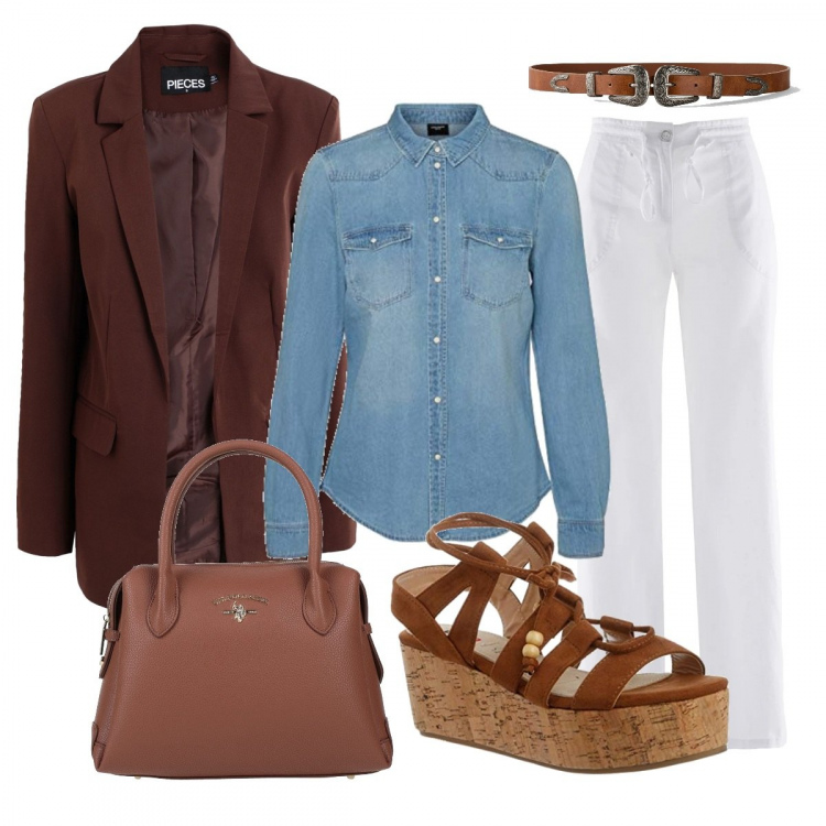 Outfit donna - Marrone E Denim. Stile Casual per Ufficio. Abbinamento con pantaloni a palazzo, cinture, blazer, borse a mano, camicie, sandali col tacco.