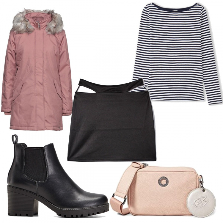 Outfit donna - Un tocco di rosa. Stile Basic per Tutti i giorni. Abbinamento con stivaletti chelsea, cappotti, gonne, maglieria, borse a tracolla.