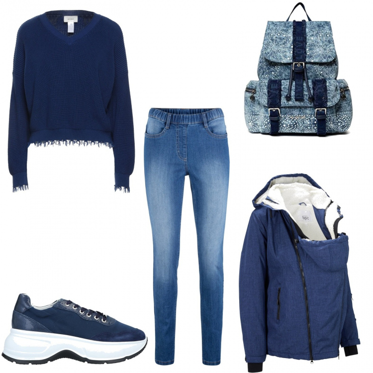 Outfit donna - A spasso con il bimbo. Stile Casual per Tutti i giorni. look ideale per Premaman. Abbinamento con jeggings, blazer, pullovers, sneakers, zaini.