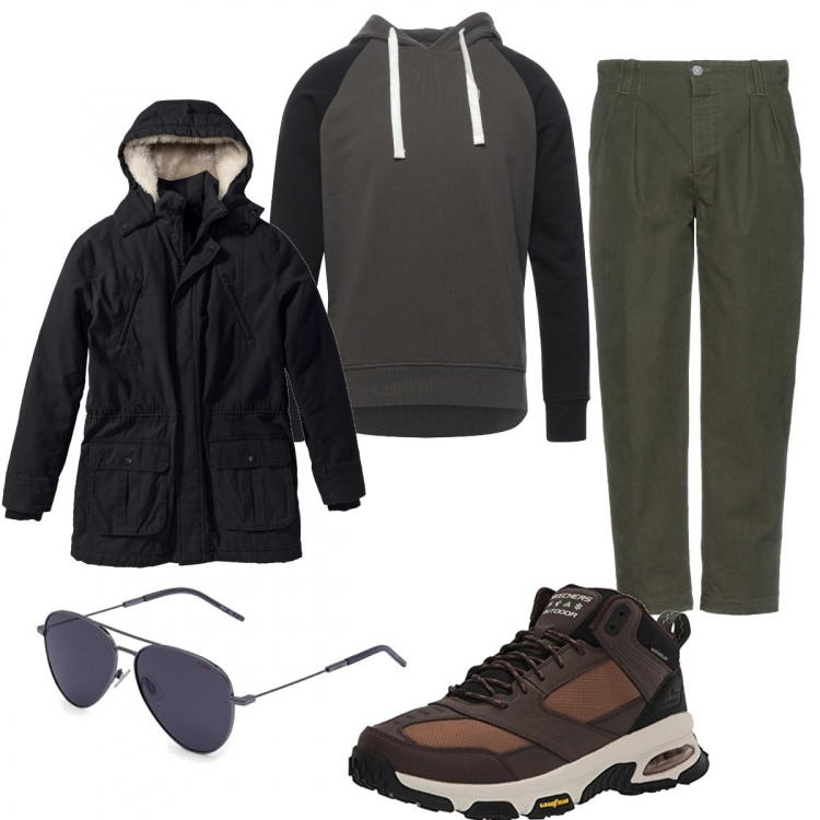 Outfit uomo - Total look #1276040. Stile Trendy per Tutti i giorni. Abbinamento con parka, pantaloni, felpe con cappuccio, sneakers, occhiali da sole.