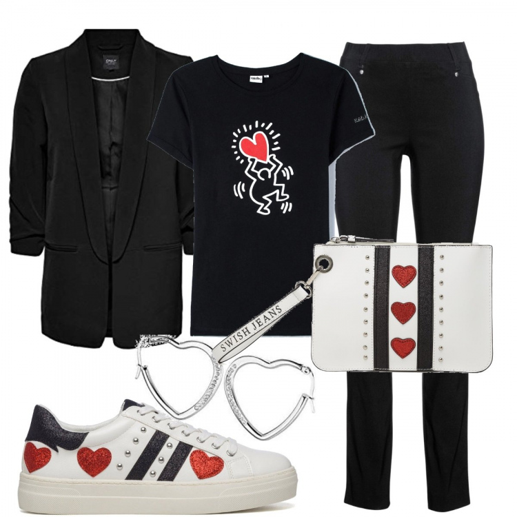 Outfit donna - Total look #1276072. Stile Glamour per Tutti i giorni. Abbinamento con pantaloni, t-shirt, sneakers, clutch, blazer, orecchini.
