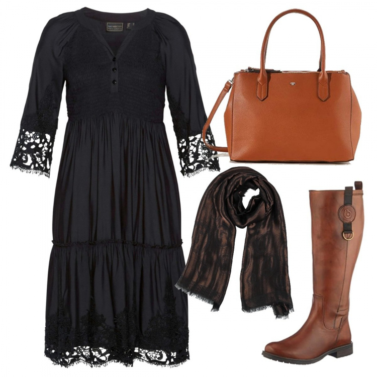 Outfit donna - Abito+stivali - curvy. Stile Boho per Ufficio. Abbinamento con vestiti chemisier, sciarpe, stivaletti texani, shopping bag.