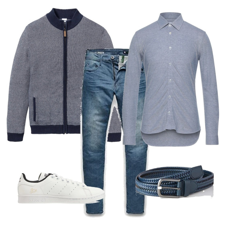 Outfit uomo - Toni del blu. Stile Trendy per Tutti i giorni. Abbinamento con cardigans, camicie, jeans skinny, cinture, sneakers.