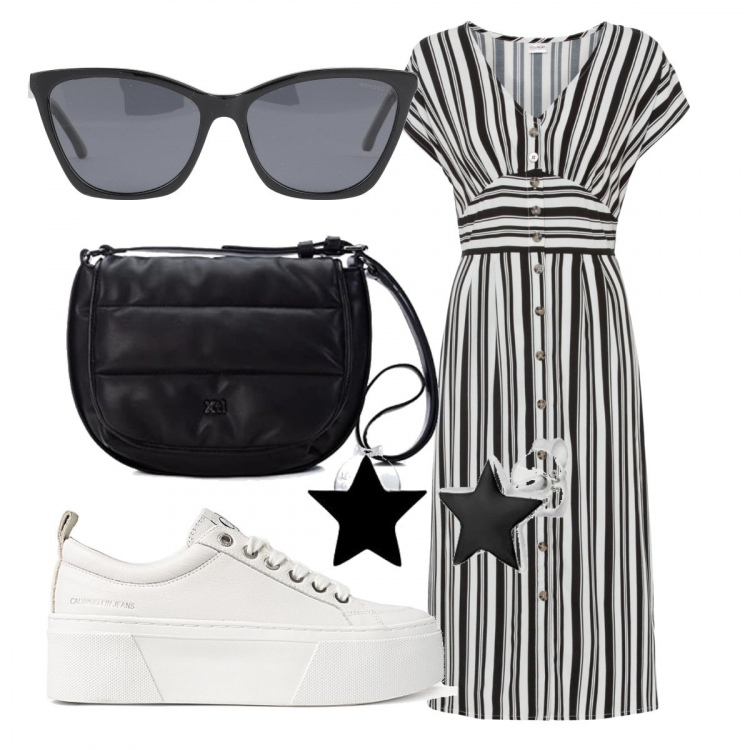 Outfit donna - Essenziale. Stile Casual per Tutti i giorni. Abbinamento con vestiti, occhiali da sole, sneakers alte, orecchini, borse a mano.