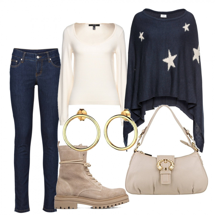 Outfit donna - Con le amiche. Stile Casual per Tutti i giorni. Abbinamento con jeans skinny, cappotti, pullovers, stivaletti, borse a spalla, orecchini.