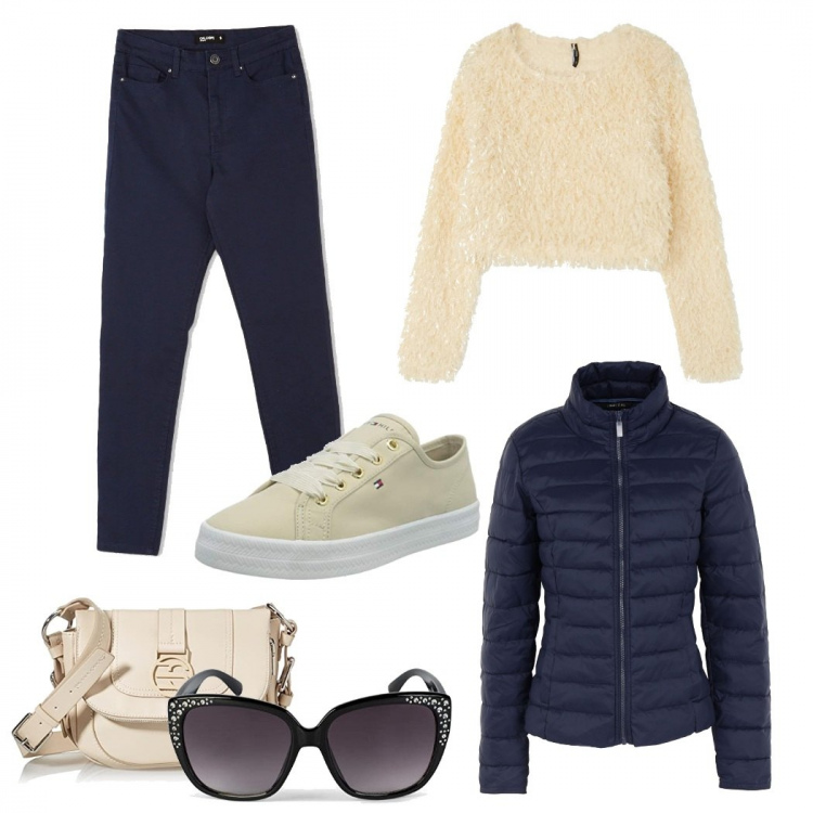 Outfit donna - Total look #1276467. Stile Sporty chic per Scuola/Università. Abbinamento con piumini, t-shirt, pantaloni, borse a tracolla, sneakers, occhiali da sole.