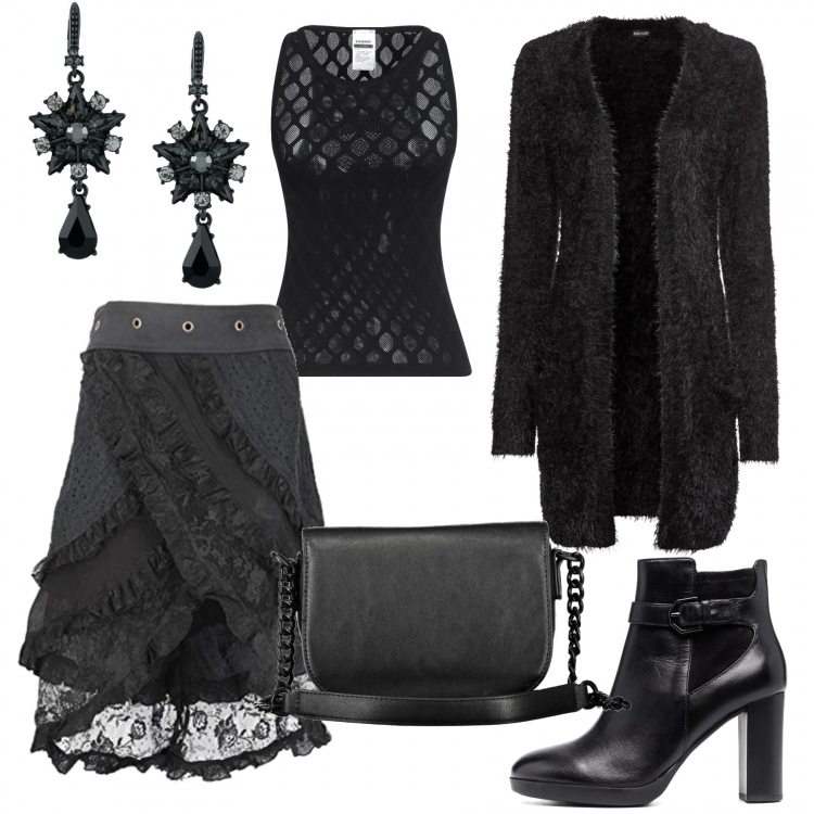 Outfit donna - Stile Gotico. Stile Romantica per Serata fuori. Abbinamento con cardigans, top, stivaletti, orecchini, minigonne, borse a tracolla.