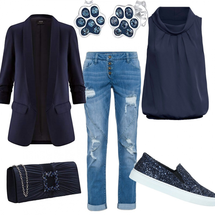 Outfit donna - Il blu sempre elegante. Stile Sporty chic per Tutti i giorni. Abbinamento con jeans boyfriend, top, sneakers, blazer, orecchini, pochette.