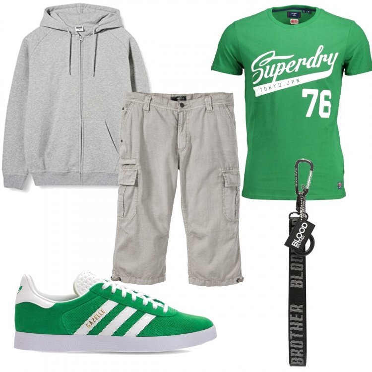 Outfit uomo - Verde per la prossima primavera. Stile Trendy per Tutti i giorni. Abbinamento con bermuda, portachiavi, sneakers, t-shirt, felpe.