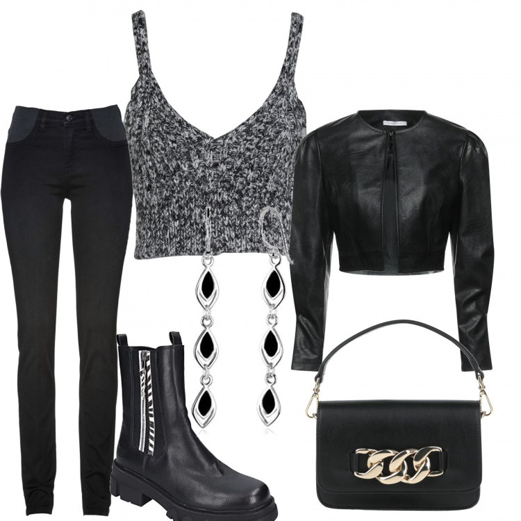 Outfit donna - Con le amiche. Stile Casual per Tutti i giorni. Abbinamento con jeans skinny, borse a mano, top, blazer, orecchini, stivaletti chelsea.