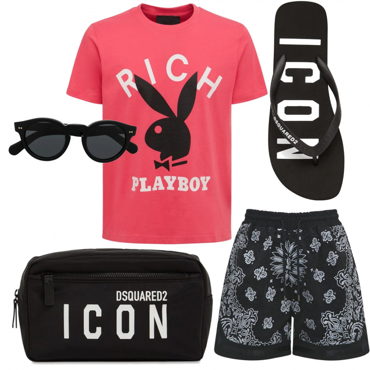 Outfit uomo - Casual #4870. Stile Casual per Mare. Abbinamento con occhiali da sole, sandali, shorts, t-shirt, borse sportive.