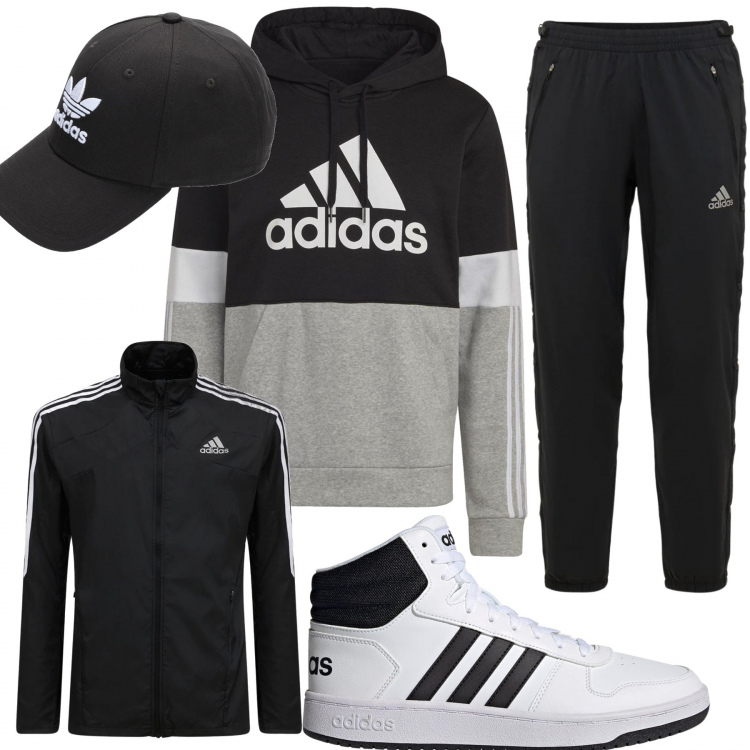 Outfit uomo - Total look #1277086. Stile Casual per Tutti i giorni. Abbinamento con felpe con cappuccio, sneakers, cappelli con visiera, pantaloni, giacche.