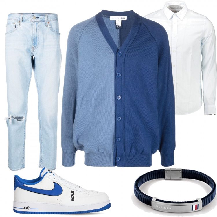Outfit uomo - Trendy #1663. Stile Trendy per Tutti i giorni. Abbinamento con jeans dritti, cardigans, camicie, braccialetti, sneakers.