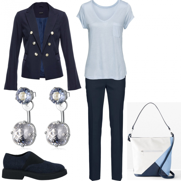 Outfit donna - Giovanna al lavoro. Stile Casual chic per Ufficio. Abbinamento con pantaloni, blazer, shopping bag, maglieria, mocassini, orecchini.