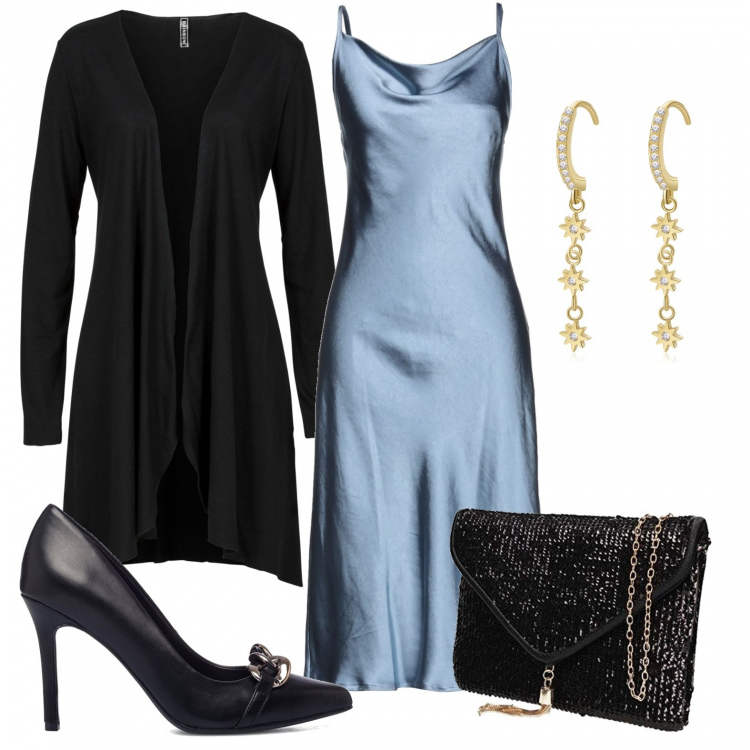 Outfit donna - Total look #1277405. Stile Chic per Serata fuori. Abbinamento con cardigans, vestiti midi/longuette, orecchini, décolleté, pochette.