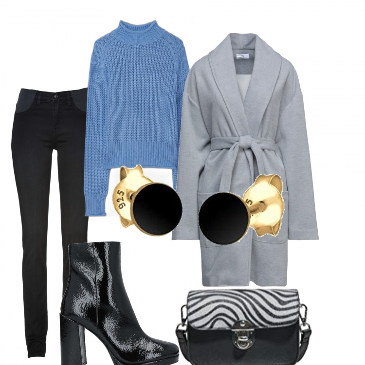 Outfit donna - In città. Stile Casual per Tutti i giorni. Abbinamento con jeans skinny, cappotti, stivaletti, maglieria, borse a tracolla, orecchini.
