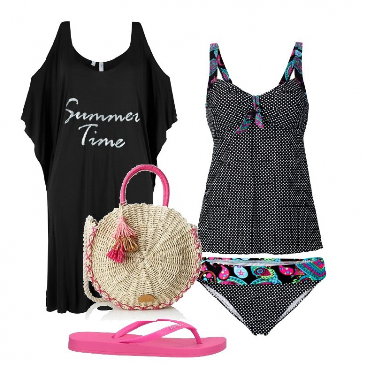 Outfit donna - Ombrellone e lettino. Stile Casual per Mare. Abbinamento con vestiti da spiaggia, costumi interi, infradito, shopping bag.