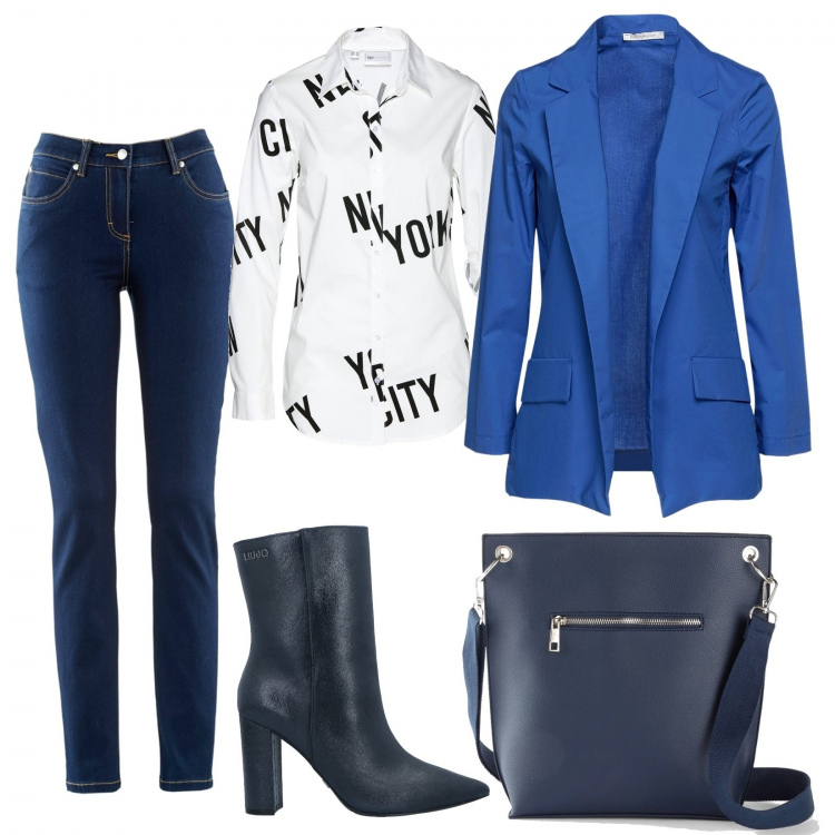 Outfit donna - Camicia, jeans e blazer. Stile Urban per Tutti i giorni. Abbinamento con jeans dritti, borse a tracolla, camicie, blazer, stivaletti.