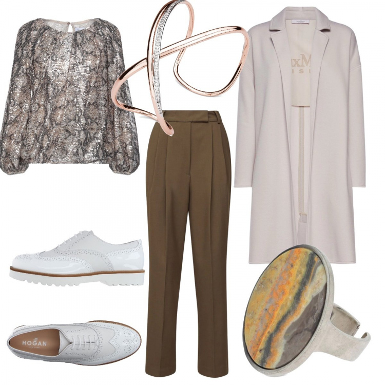 Outfit donna - Mannish brillante in ufficio. Stile Mannish per Ufficio. Abbinamento con scarpe stringate, bluse, braccialetti, cappotti, anelli, pantaloni.