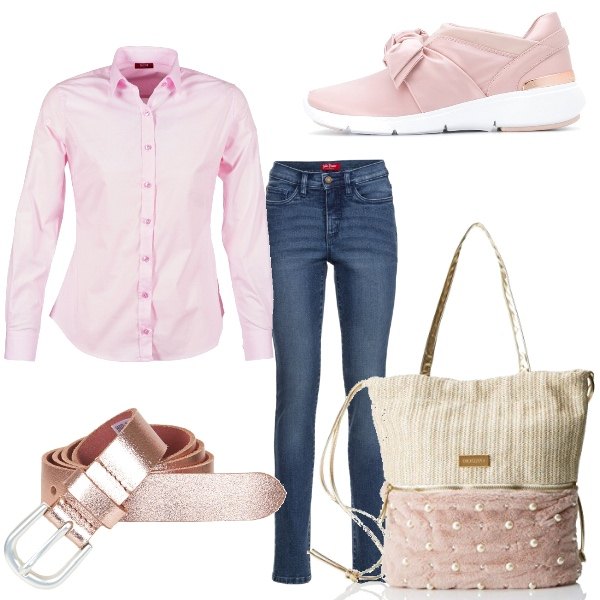 Outfit donna - Basic #10511. Stile Basic per Tutti i giorni. Abbinamento con jeans slim fit, camicia rosa, cintura rosa, sneakers con fiocco rosa e viola, zaino.