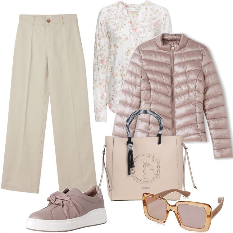 Outfit donna - Aspettando la primavera. Stile Casual chic per Tutti i giorni. Abbinamento con camicie, borse a mano, piumini, pantaloni, sneakers, occhiali da sole.
