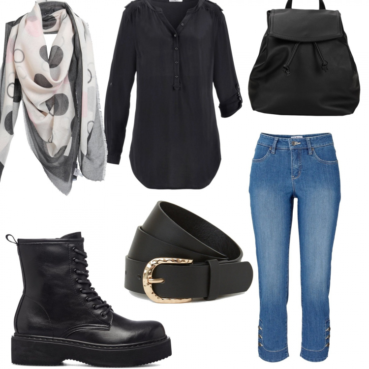 Outfit donna - Total look #1278176. Stile Casual per Tutti i giorni. Abbinamento con zaini, sciarpe, tuniche, jeans slim fit, cinture, anfibi.