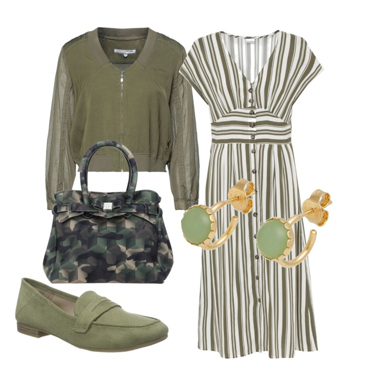Outfit donna - Me Ne Frego. Stile Trendy per Tutti i giorni. Abbinamento con vestiti, giacche, borse a mano, orecchini, mocassini.