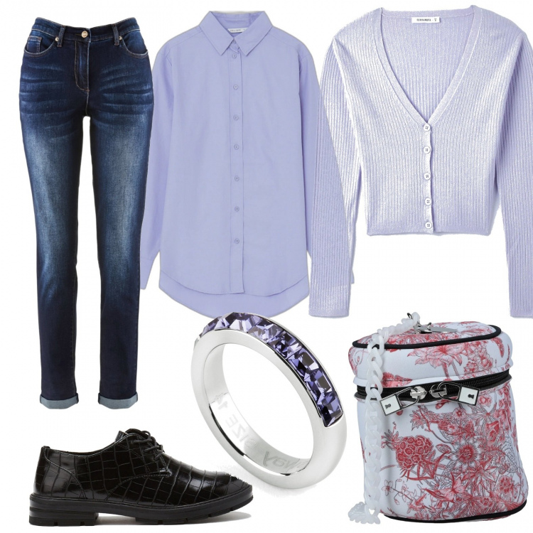 Outfit donna - Camicia oversize e cardigan. Stile Trendy per Scuola/Università. Abbinamento con jeans boyfriend, borse a tracolla, cardigans, camicie, scarpe stringate, anelli.