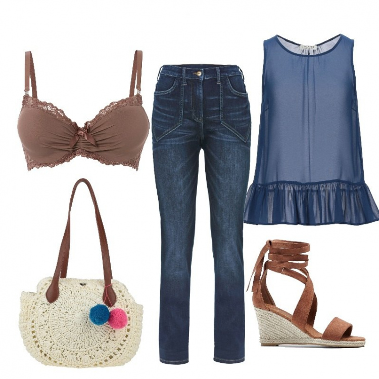 Outfit donna - Total look #1278324. Stile Casual per Tutti i giorni. Abbinamento con jeans dritti, reggiseni, sandali, top, borse a spalla.