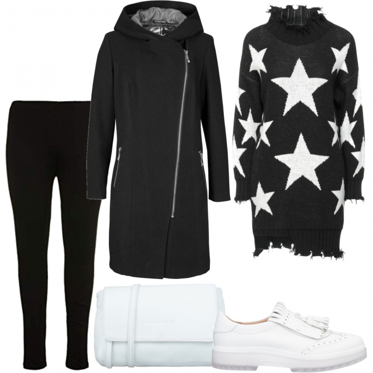 Outfit donna - Una pizza con le amiche. Stile Casual per Serata fuori. Abbinamento con blazer, vestiti corti, mocassini, borse a tracolla, leggings.